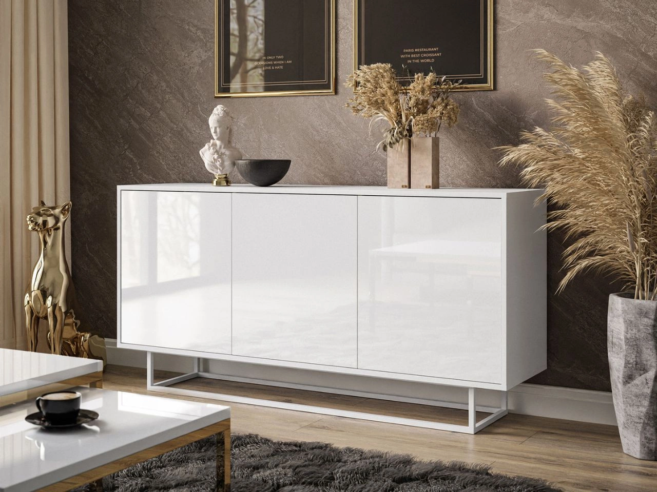 Drehtür-Kommode 154 cm im Glamour-Stil auf weißem Gestell Vivance Weiß Hochglanz