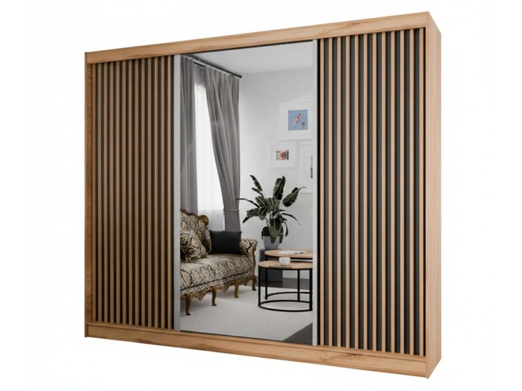 Schiebetürenschrank mit Spiegel und Lamellen 250 cm Loreto Handwerk Goldene Eiche, Schwarz