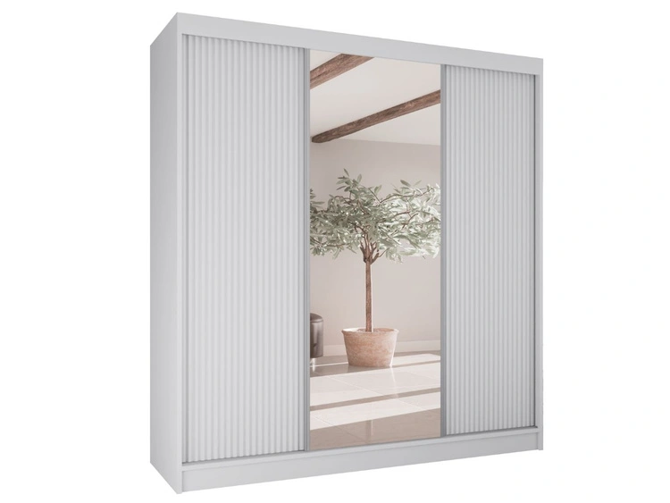Schiebetürenschrank mit geriffelter Front und Spiegel 200 cm Rivas Weiß