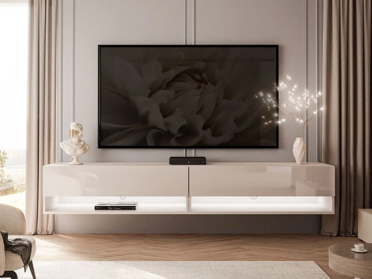 Hänge TV-Schrank 180 cm für Wohnzimmer mit LED-Beleuchtung Aurelie Kaschmir Hochglanz