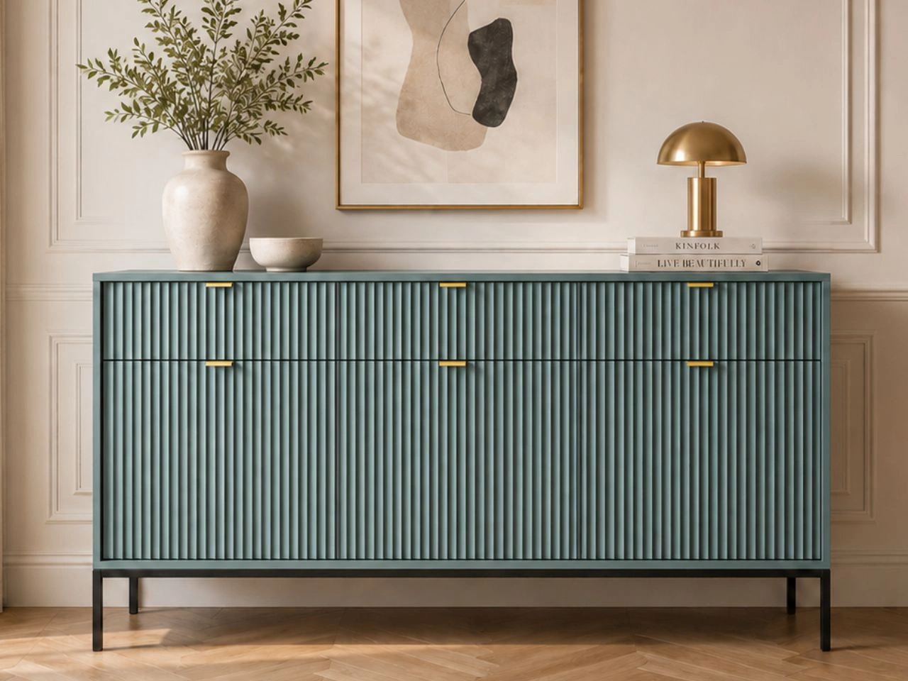 Kommode mit Türen und Schubladen Amber Grün, Schwarz Frame
