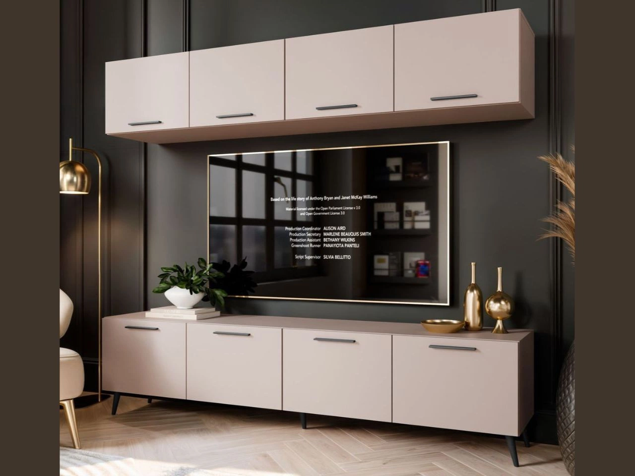 Wohnwand für das Wohnzimmer mit LED-Beleuchtung auf Schwarzen Metallbeinen Noaé Kaschmir