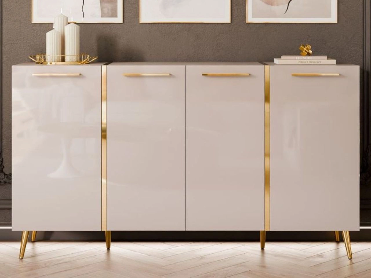 Viertürige Kommode 158 cm Glamour-Stil mit goldenen Griffen und Beinen Lunelie Kaschmirglanz