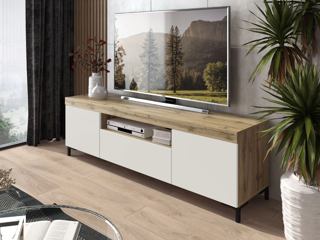 TV-Lowboard Asumi mit Türen und Schublade – Weiß matt und Eiche Wotan