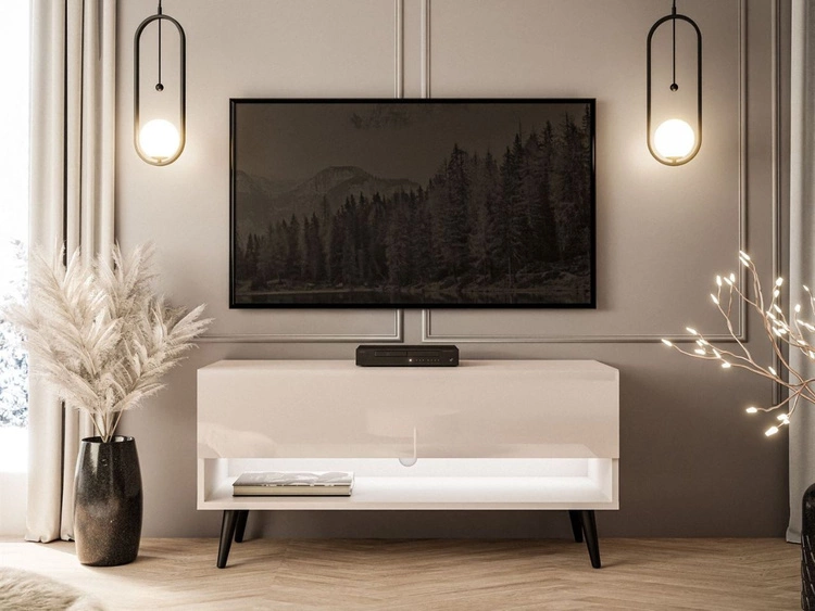 TV-Schrank 90 cm mit LED-Beleuchtung und schwarzen Beinen Aurelie Kaschmir Hochglanz