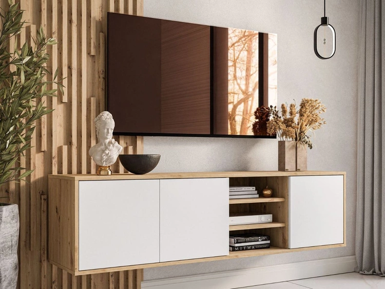 Hängendes TV-Lowboard mit Türen Vivance Weiß und Eiche Artisan