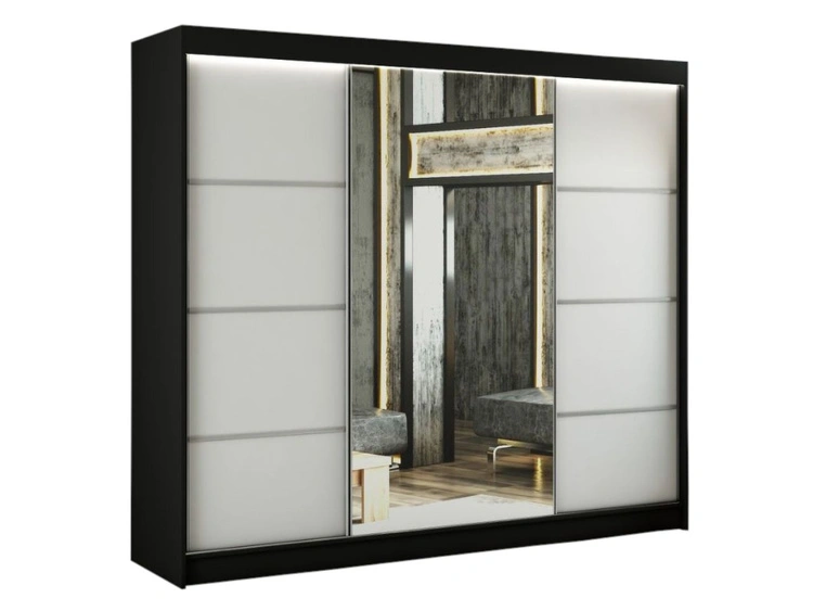 Schiebetürenschrank mit Spiegel 250 cm mit LED-Beleuchtung Portel Weiß, Schwarz