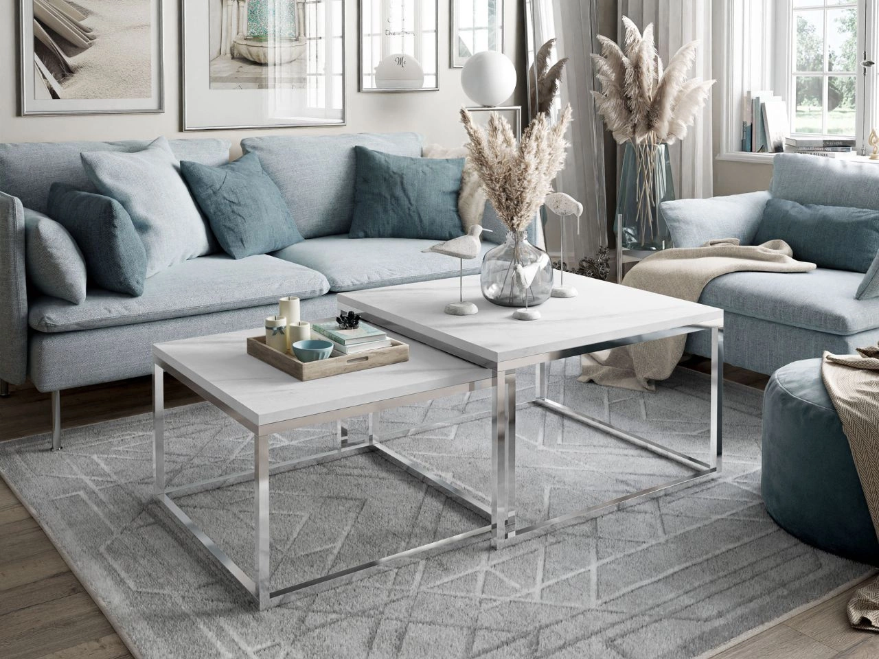 Couchtisch auf Chromgestell mit weißer Marmorimitat Asumi 36x42