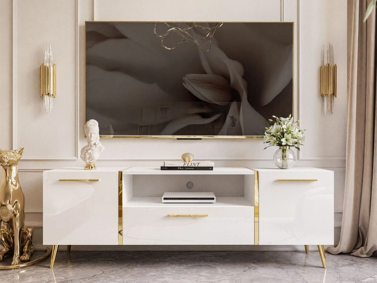 Wohnzimmer-Set mit goldenen Metallbeinen und goldenen Griffen Lunelie Weiß Hochglanz