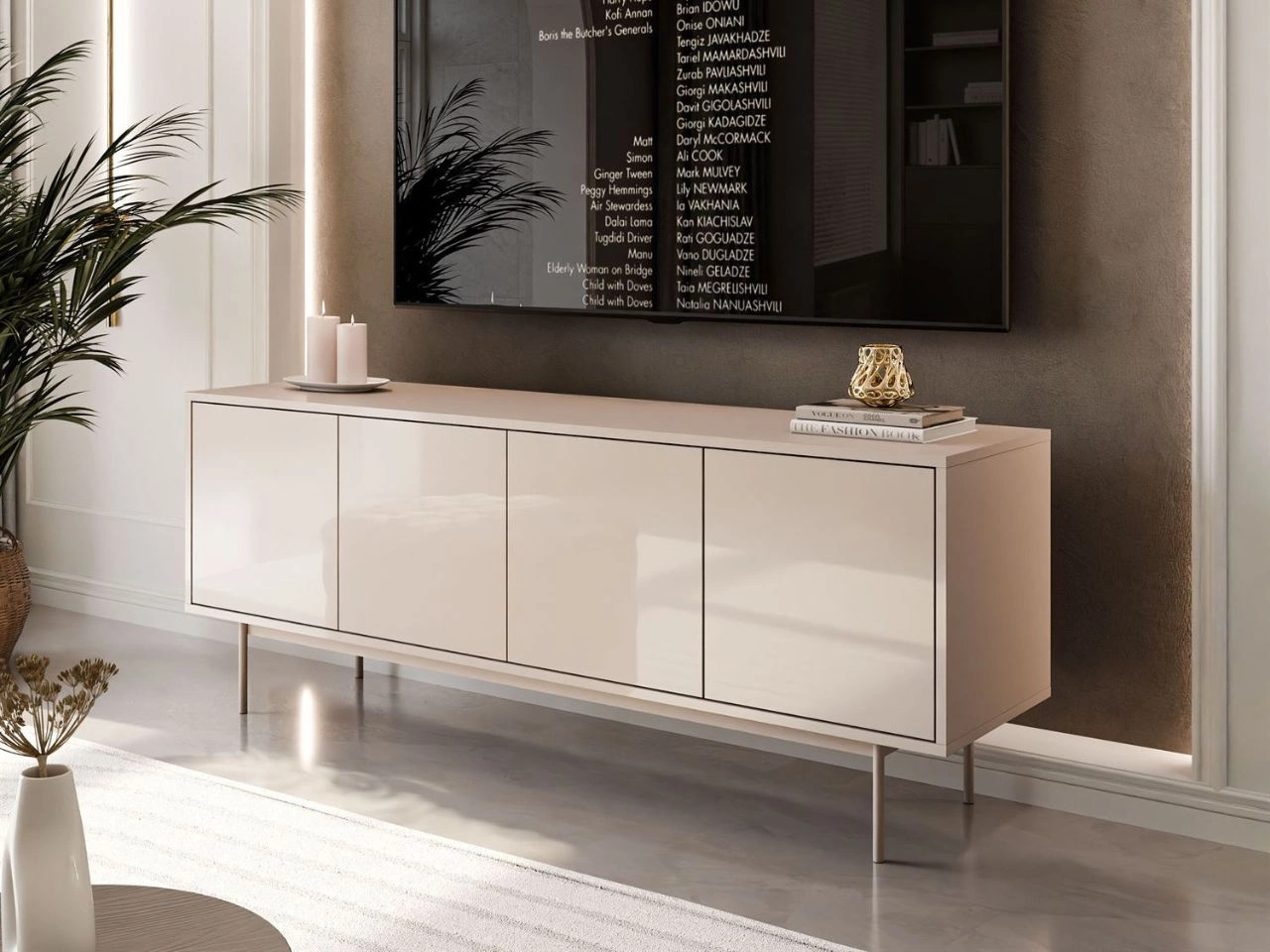 TV-Lowboard im Glamour-Stil mit Türen auf kaschmirfarbenen Füßen Vivance, Kaschmir Hochglanz