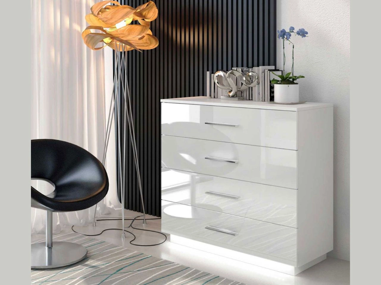 Kommode mit vier Schubladen und LED-Beleuchtung Nuveo Weiß Hochglanz