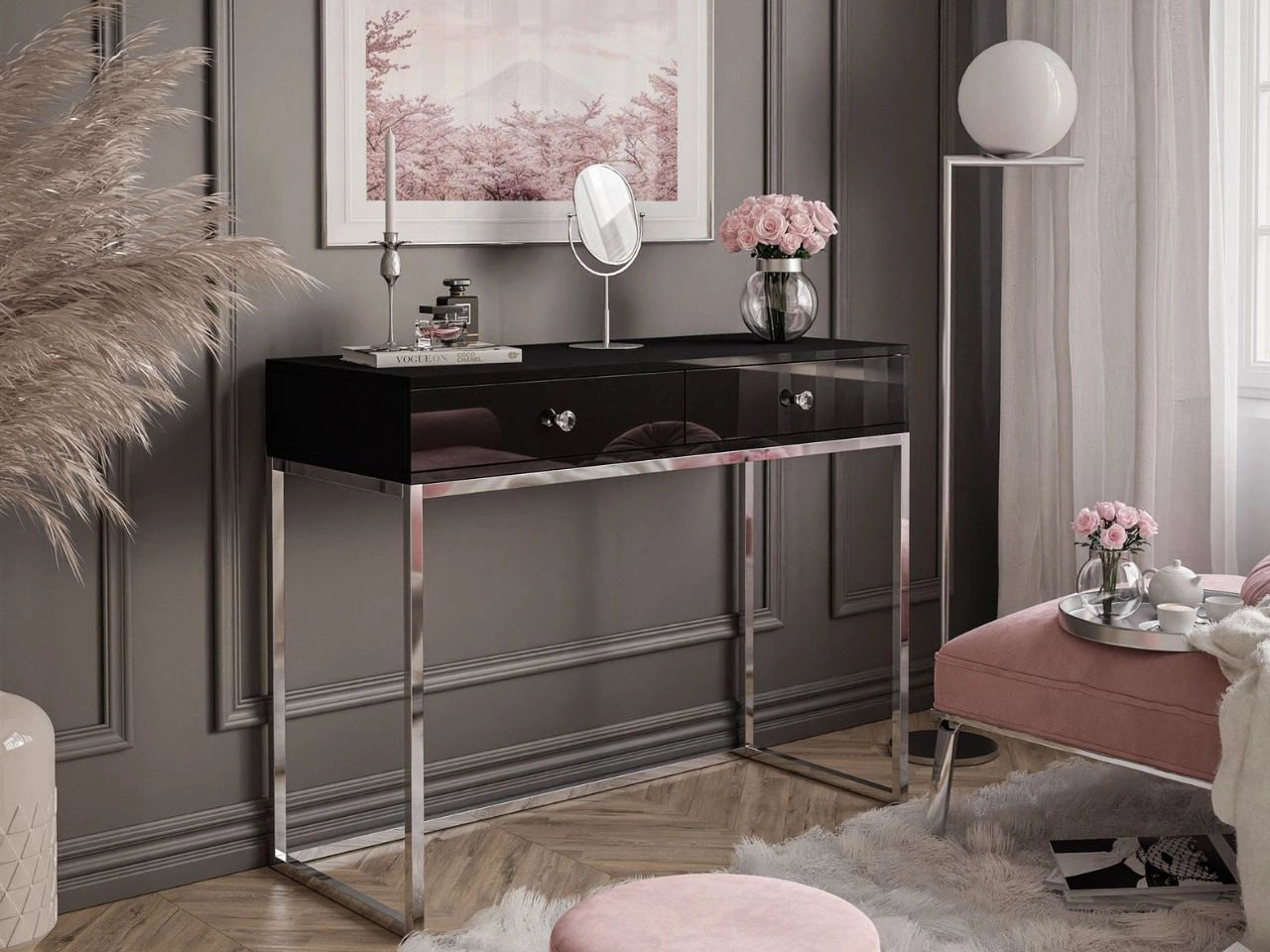 Konsolentisch mit Schubladen, silbernem Gestell und Kristallgriffen Brisa Schwarz Hochglanz