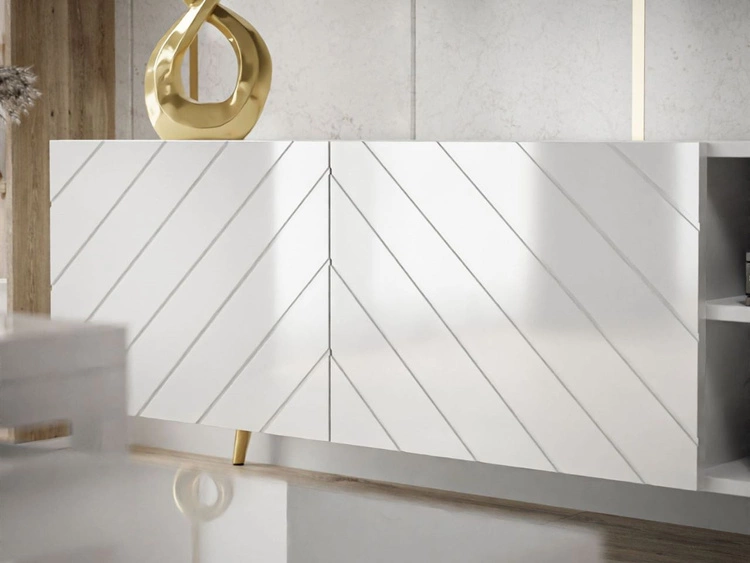 TV-Schrank mit gefrästen Fronten und verchromten Metallbeinen Vionel Weiß glänzend