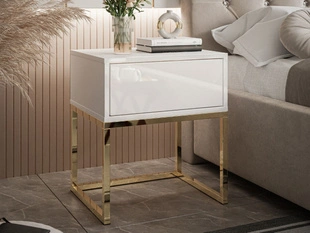 Nachttisch mit Schublade und goldenem Gestell Brisa Weiß Hochglanz