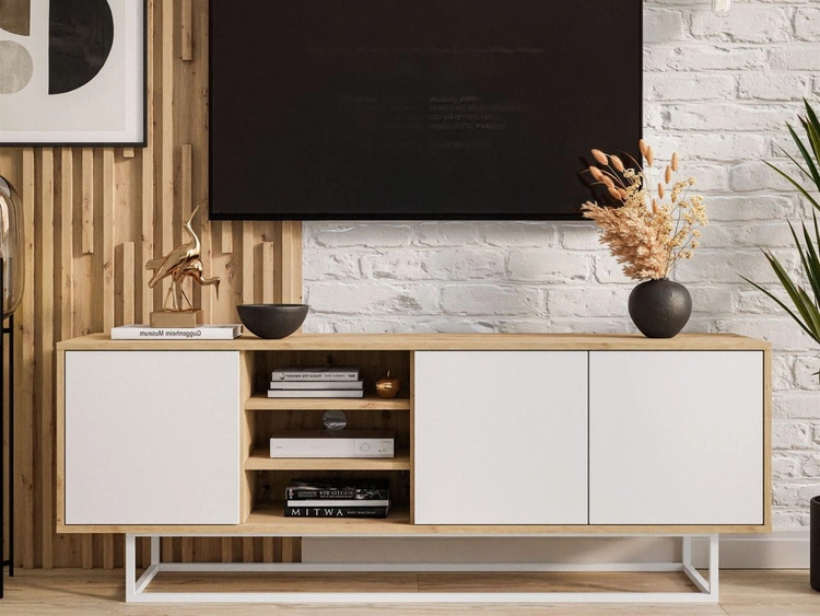TV-Lowboard mit Türen auf weißem Gestell Vivance Weiß und Artisan Eiche