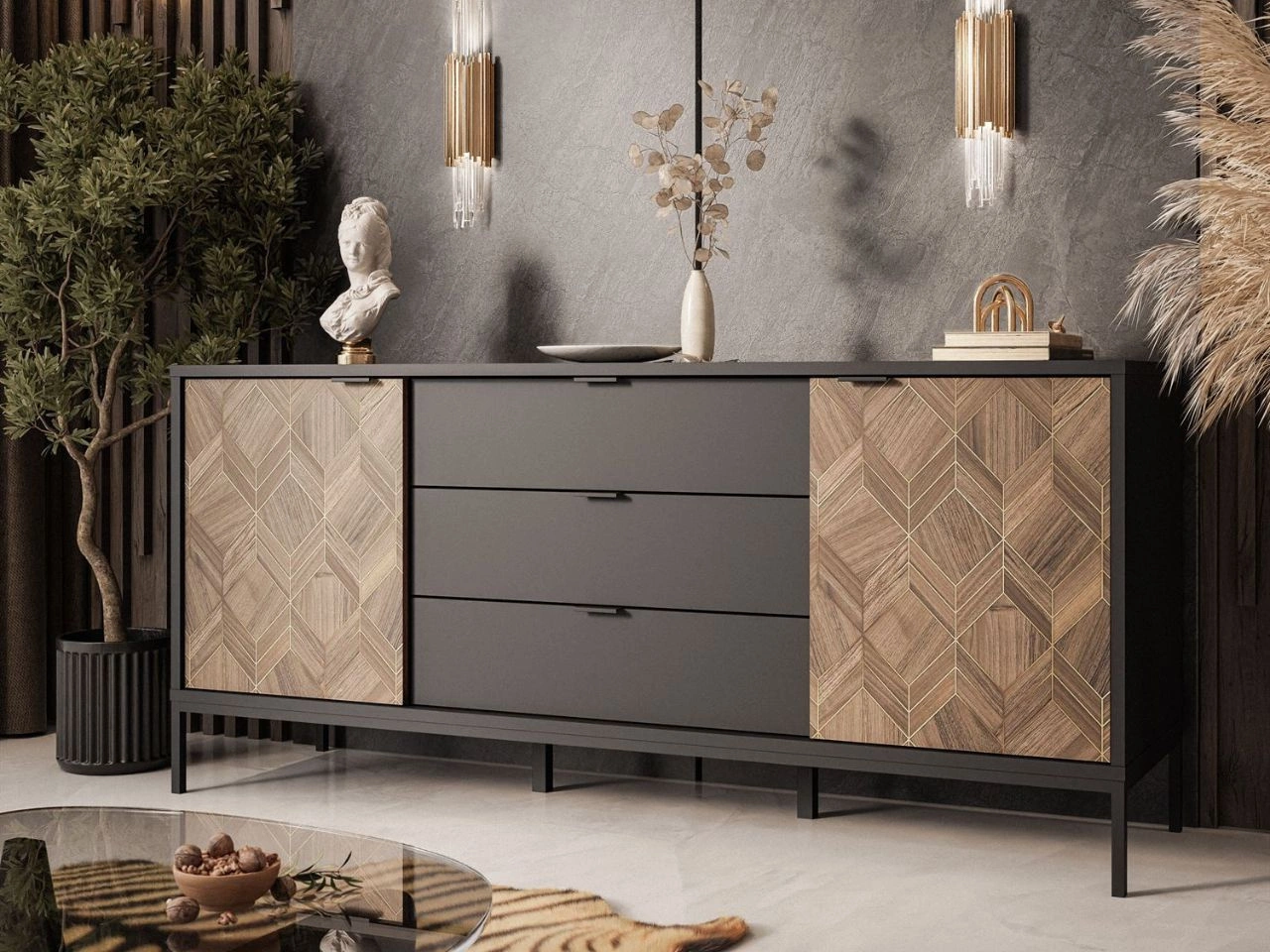 Kommode mit Türen und Schubladen Tavio Schwarz