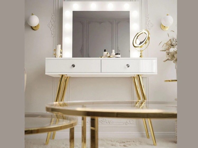 Schminktisch glamour mit Schubladen, Spiegel und LED-Beleuchtung Olivine Weiß Hochglanz