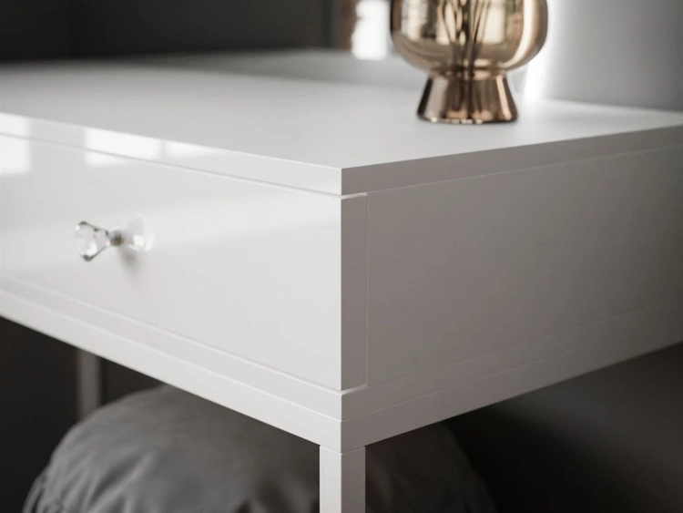 Kosmetiktisch rechtsseitig mit Schubladen und LED-Beleuchtung auf weißen Beinen Clarette Weiß Hochglanz