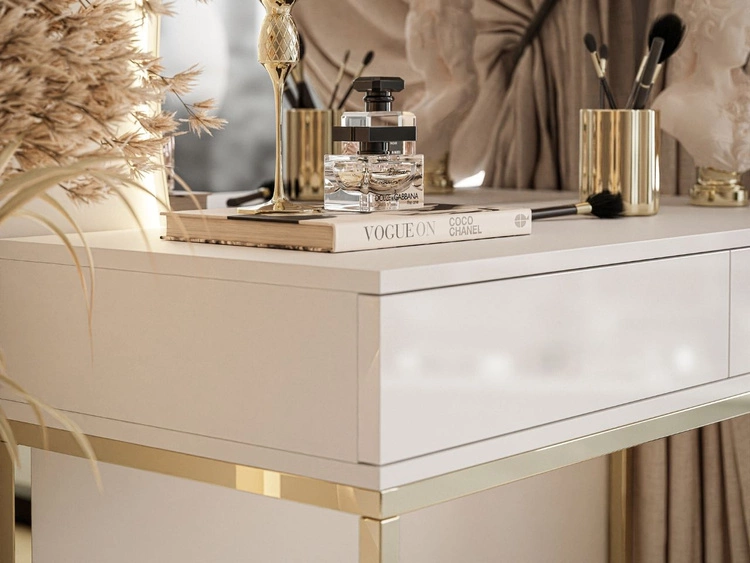 Kosmetiktisch linksseitig mit Schubladen und LED-Beleuchtung auf goldenen Beinen Clarette Weiß Hochglanz
