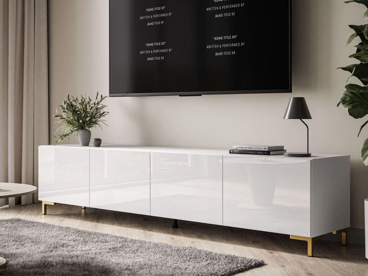 TV-Lowboard mit Türen auf Goldenen Beinen 200 cm Nodoo Weiß Hochglanz