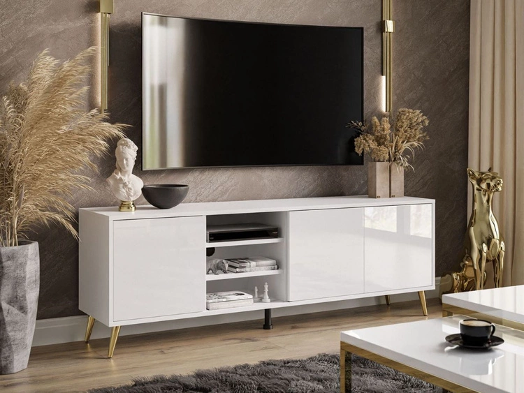 TV-Lowboard mit Türen goldene Beine Vivance Weiß Hochglanz