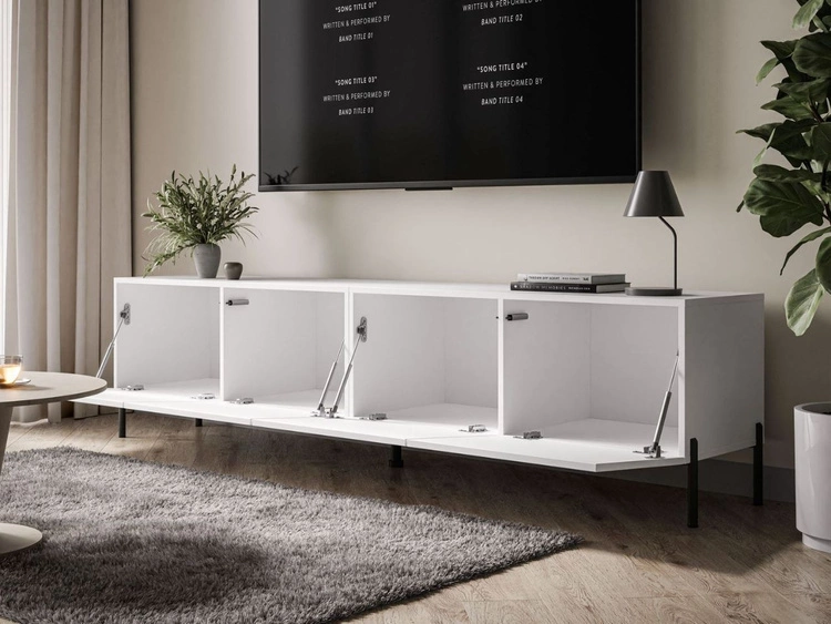 TV-Lowboard mit Türen auf Schwarzen Metallbeinen 200 cm Nodoo Weiß Hochglanz