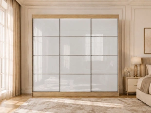 Schiebetürenschrank mit Sprossen 250 cm mit LED-Beleuchtung Ponti Eiche Sonoma, Weiß