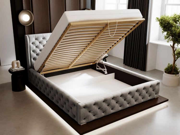 Polsterbett mit Bettkasten und Lattenrost 200x200 Kingston Hellgrau