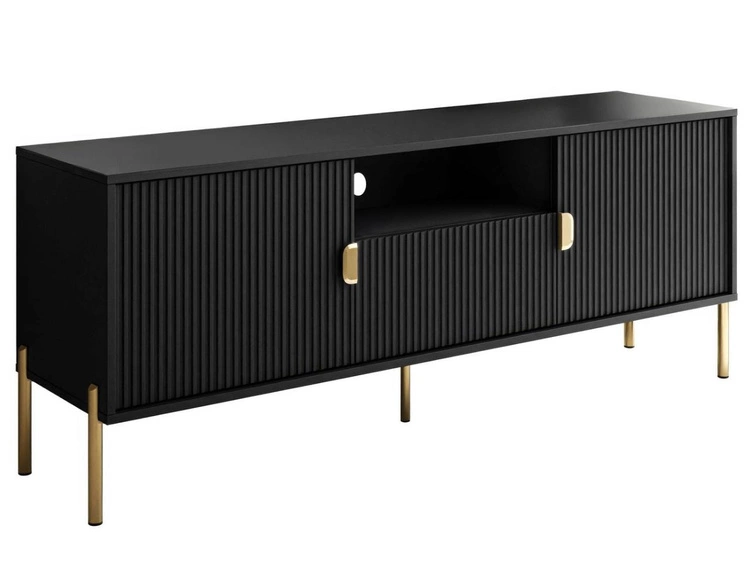 TV-Lowboard zweitürig mit Schublade und goldenen Metallfüßen Orlean Schwarz Matt