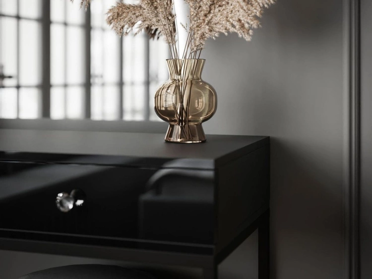 Kosmetiktisch rechtsseitig mit Schubladen und LED-Beleuchtung auf schwarzen Beinen Clarette Schwarz Hochglanz