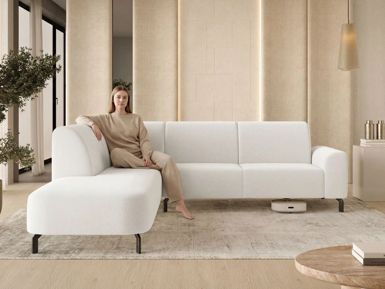 Ecksofa L-Form Links Regento Bouclé-Stoff Weiß