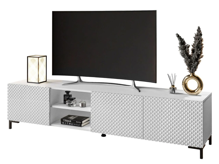 TV-Schrank mit schwarzen Kunststoffbeinen und 3D-gefrästen Fronten Celiane Weiß Glanz