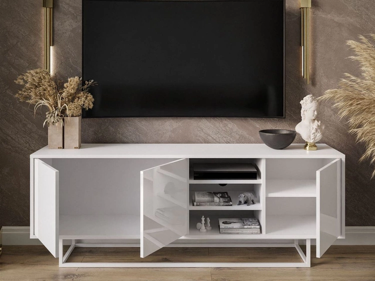 TV-Lowboard mit Türen auf weißem Gestell Vivance Hochglanz Weiß