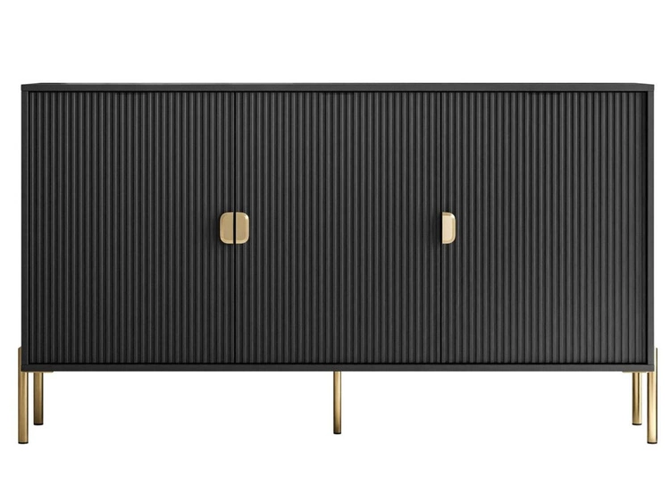 Kommode dreitürig breit mit goldfarbenen Griffen und Füßen, Orlean Schwarz Matt