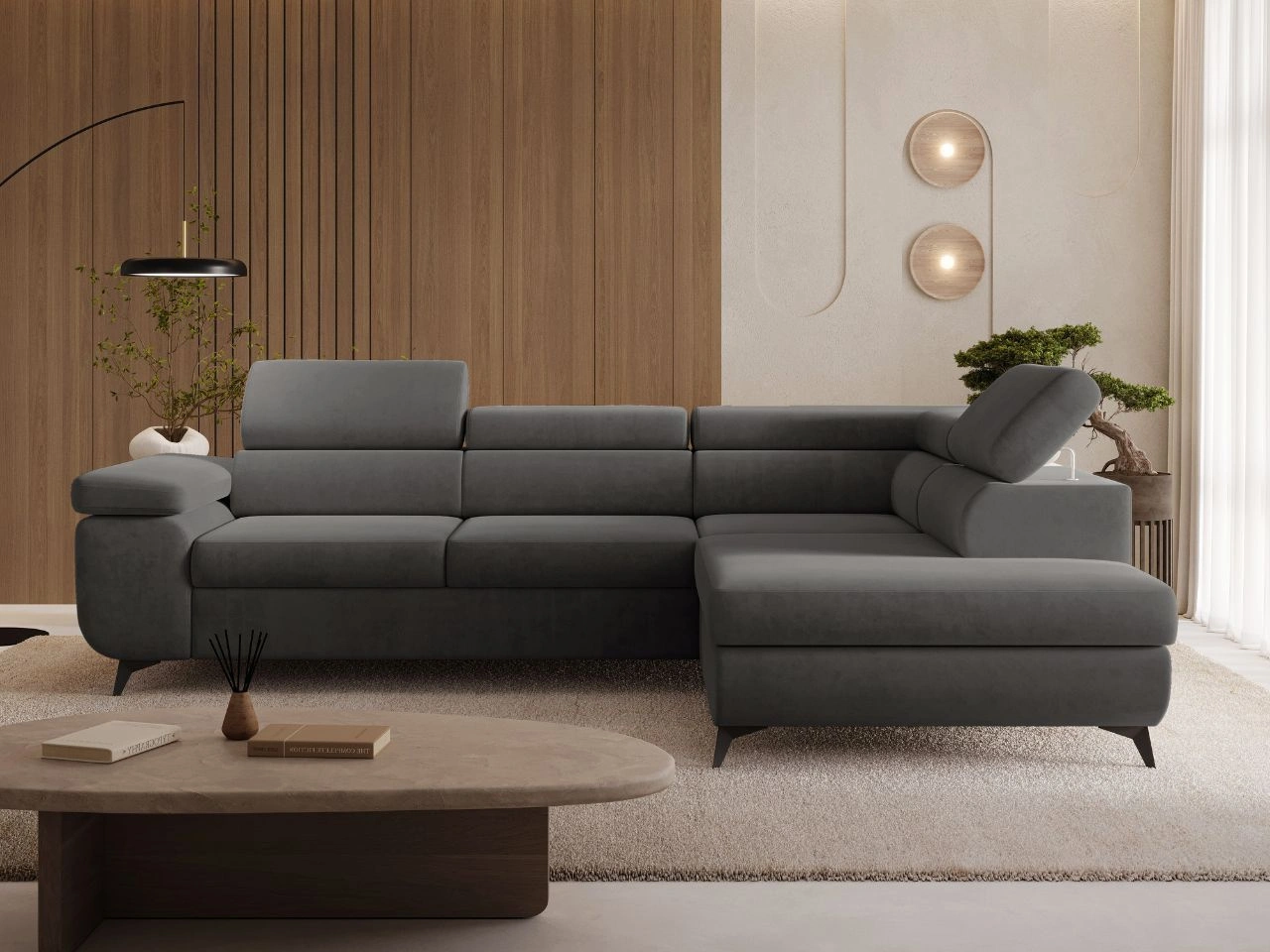 Ecksofa L-Form mit Schlaffunktion und Bettkasten Argon Rechts Dunkelgrau