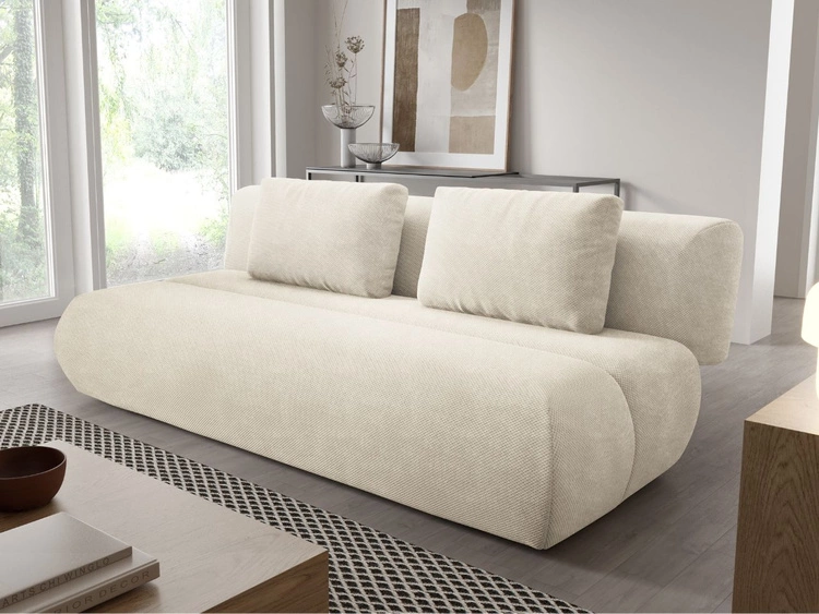 Schlafsofa mit verstellbarer Rückenlehne, Schlaffunktion und Bettkasten Figo Creme