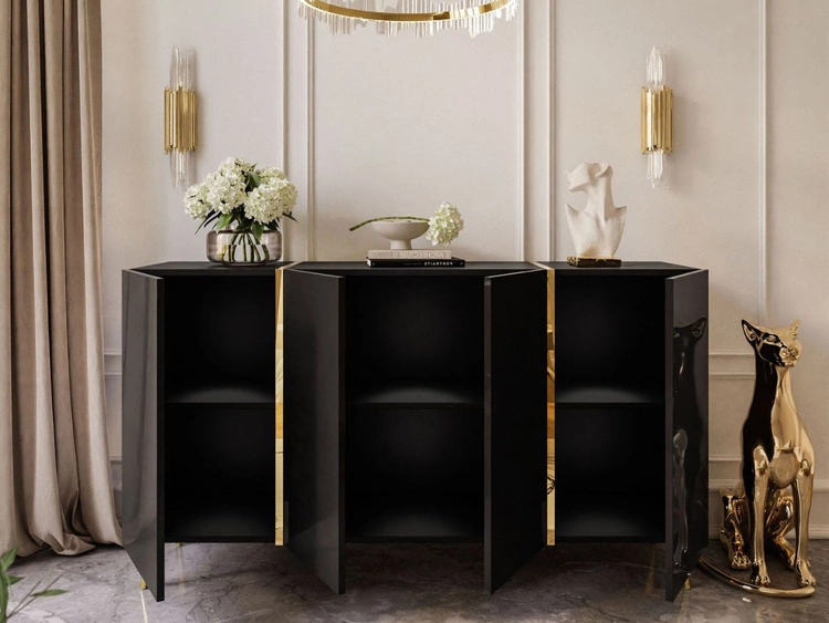 Viertürige Kommode 158 cm Glamour-Stil auf goldfarbenen Metallbeinen Lunelie Schwarzglanz