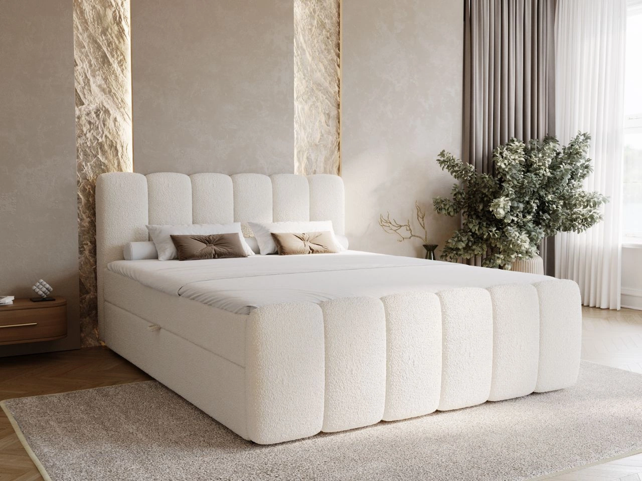 Boxspringbett mit Bettkasten 180x200 Bouclé-Stoff Cloud Beige