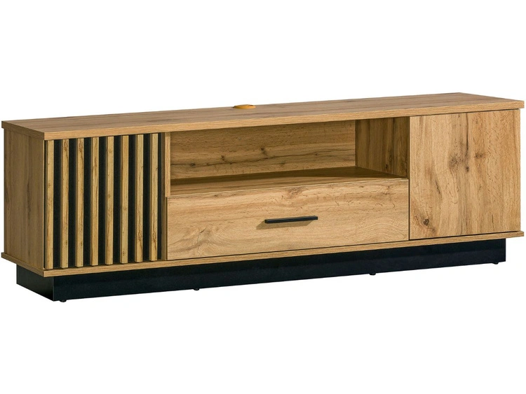 Fernsehschrank mit Schublade und Lamellen Lavore Wotan Eiche, Schwarz matt
