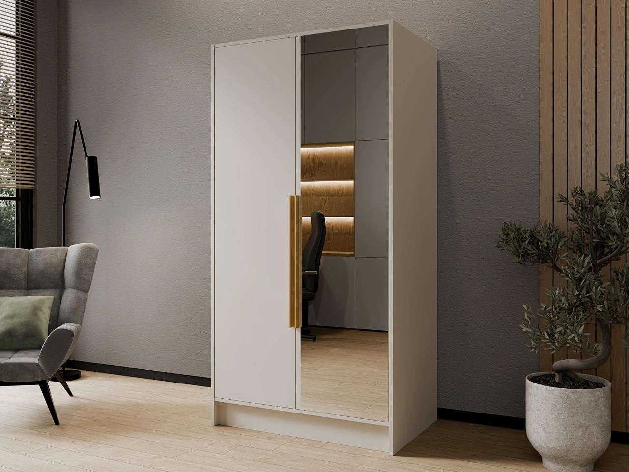 Kleiderschrank mit Spiegel 100 cm Lucca Kaschmir mit goldenen Griffen