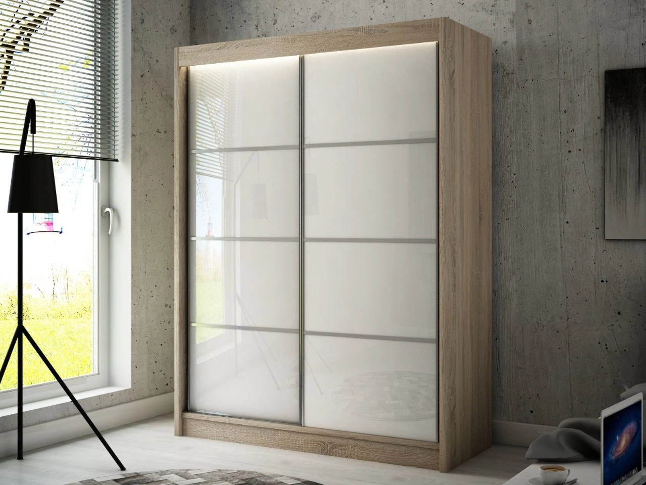 Schiebetürenschrank mit Sprossen 150 cm mit LED-Beleuchtung Ponti Eiche Sonoma, Weiß