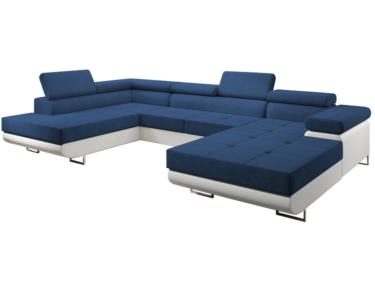 Wohnlandschaft Links mit Schlaffunktion und Bettkasten Solam U Marineblau, Weiß