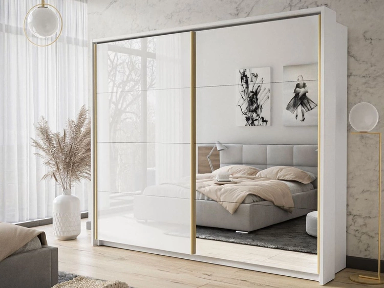 Schwebetürenschrank Zweitüriger mit Aufsatz und Spiegel 254 cm Noaé Weiß Hochglanz