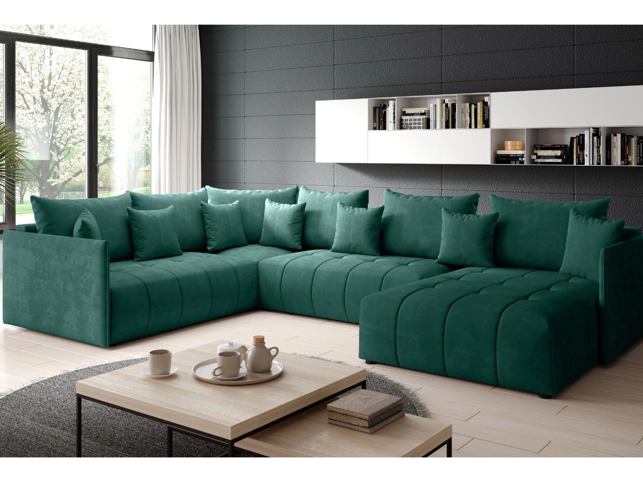 Wohnlandschaft mit Schlaffunktion und Bettkasten Aspen Bis Grün