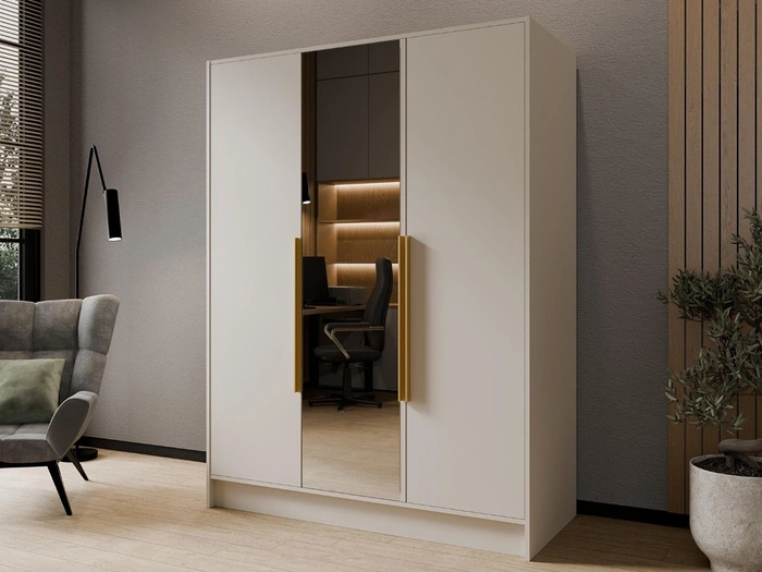 Kleiderschrank mit Spiegel 150 cm Lucca Kaschmir mit goldenen Griffen