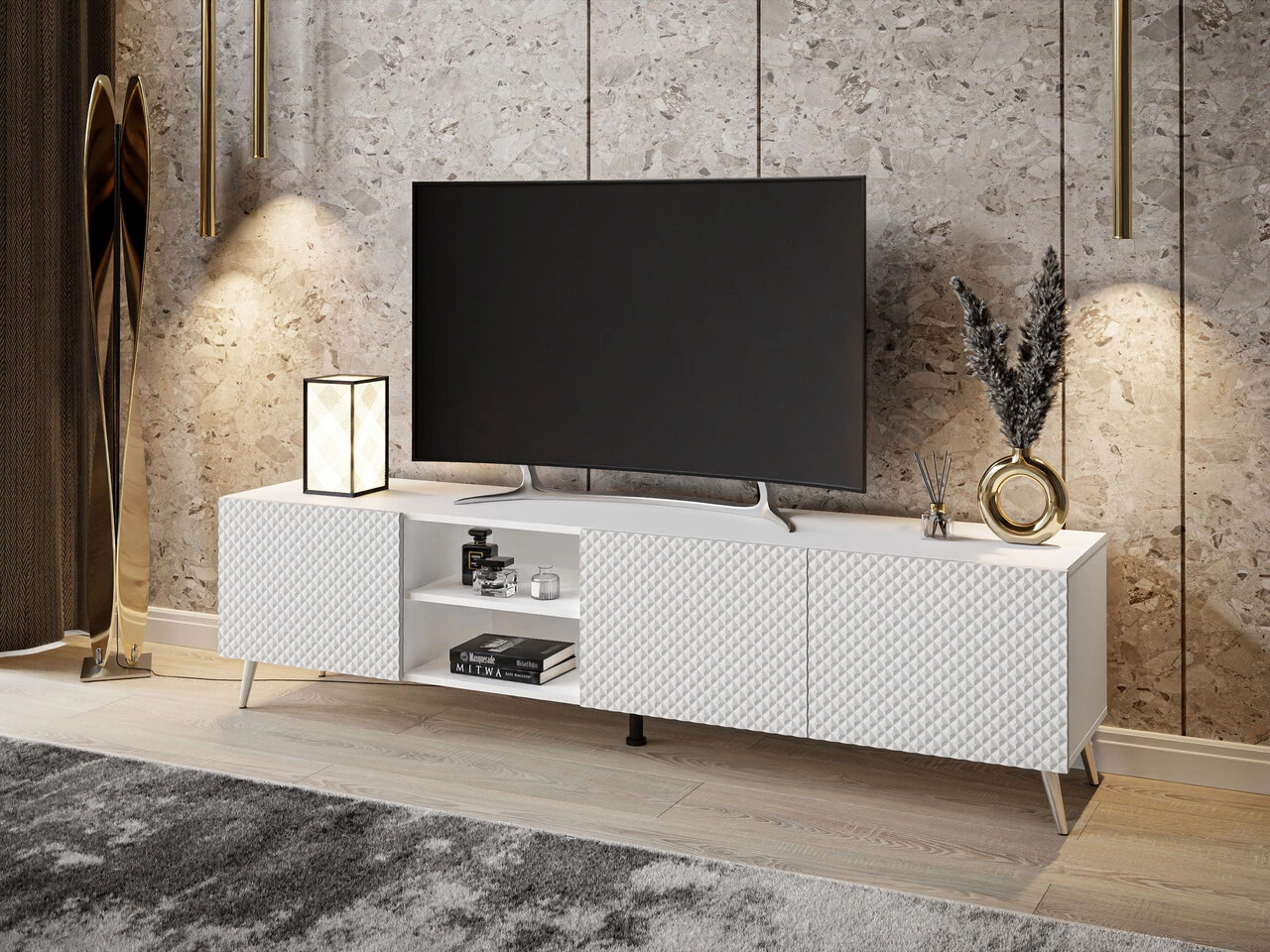 TV-Schrank mit 3D-gefrästen Fronten und verchromten Metallbeinen Celiane Weiß Glanz