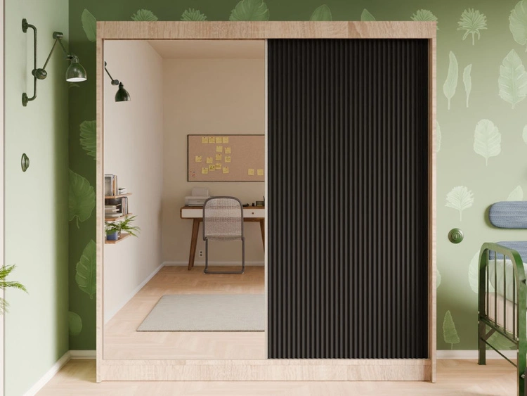 Schiebetürenschrank mit geriffelter Front und Spiegel 200 cm Fano Eiche Sonoma, Schwarz