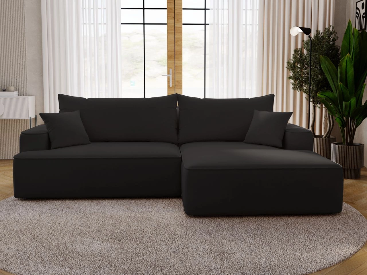 Ecksofa L-Form Rechts mit Schlaffunktion und Bettkasten California Schwarz