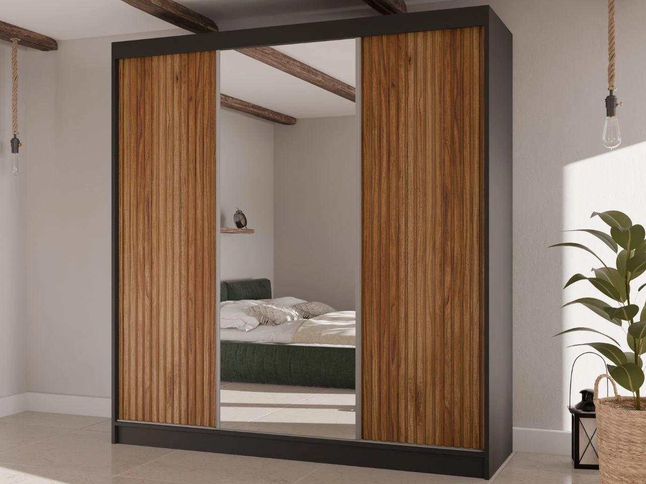 Schiebetürenschrank mit geriffelter Front und Spiegel 200 cm Rivas Schwarz, Catania