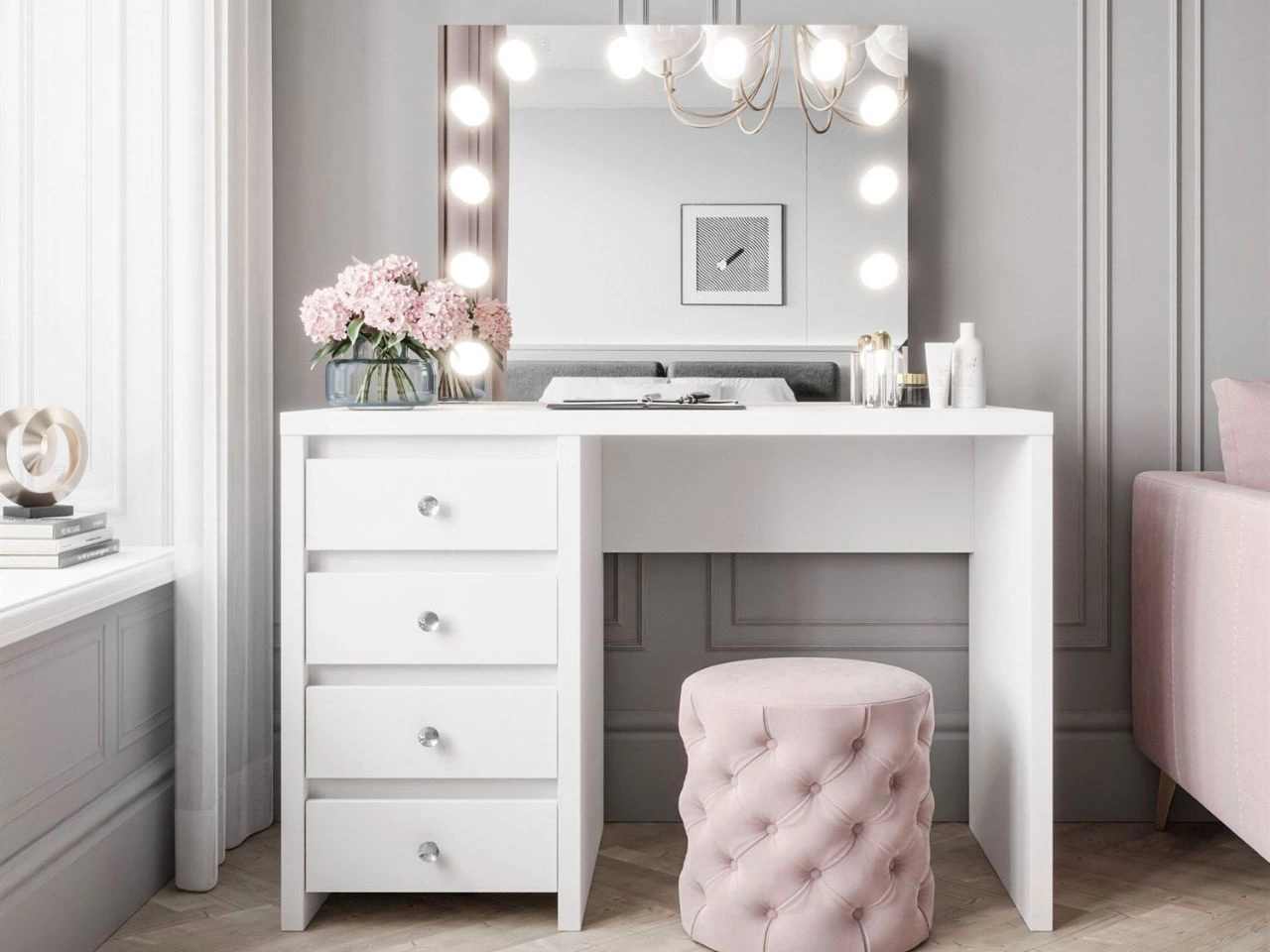 Schminktisch mit Schubladen, Kristallgriffen  und LED Nesso Weiß Matt